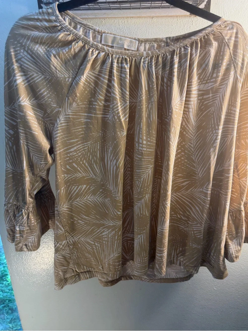 Michael Kors Tan Palm-Print Peasant Blouse